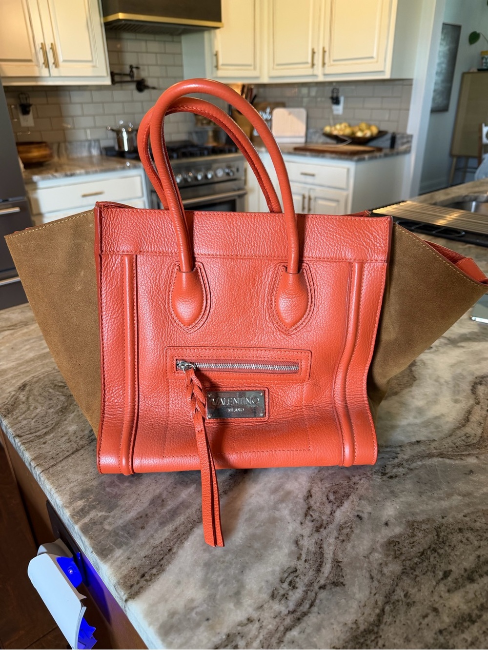 Mario Valentino Cynthia Orange Leather Satchel with Brown Suede Wings